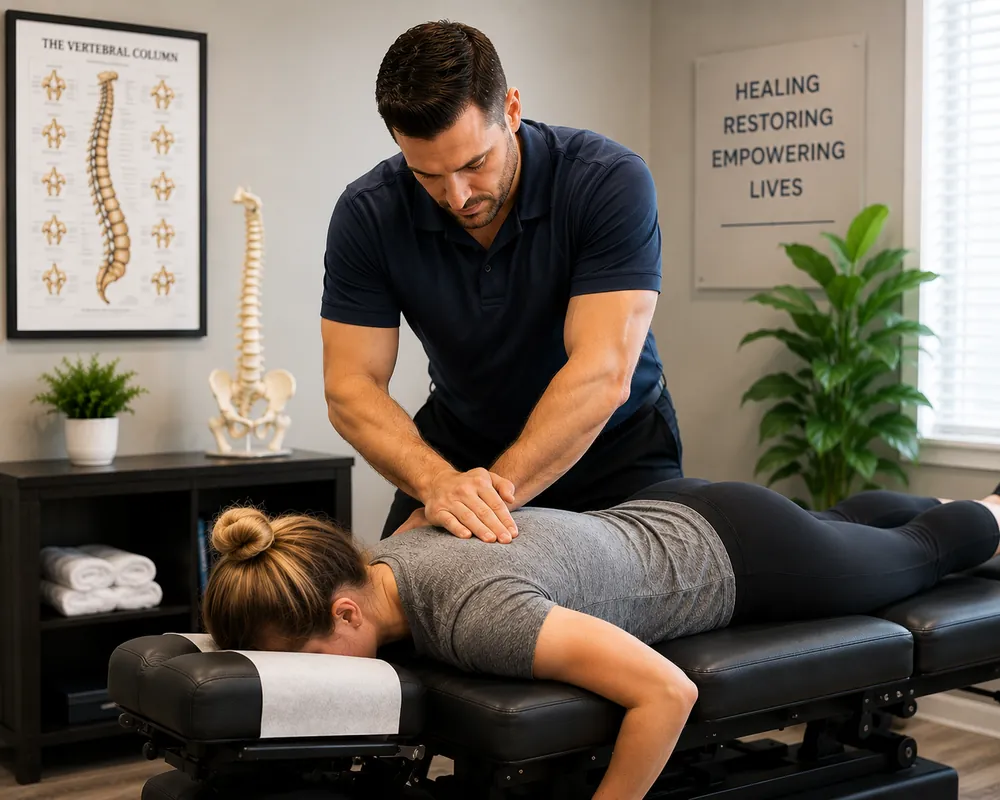 Chiropractor performing a hands-on spinal adjustment on a patient at Munroe Chiropractic in Williamsville, NY