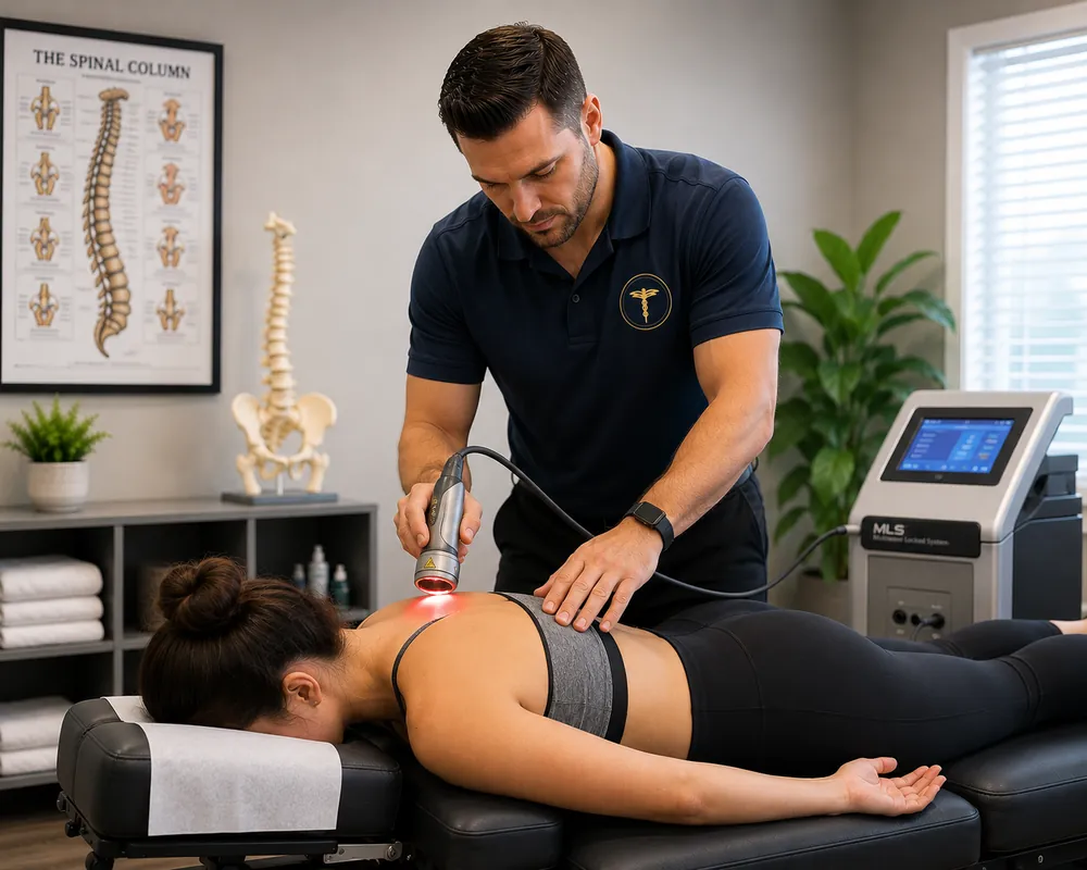 Chiropractor at Munroe Chiropractic in Williamsville, NY applying a cold laser therapy handpiece to a patient's heel