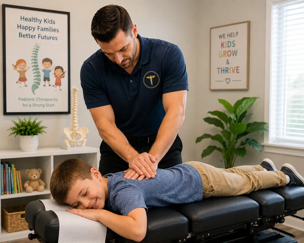 Chiropractor at Munroe Chiropractic in Williamsville, NY using gentle fingertip pressure to examine an infant's neck while a parent holds the baby