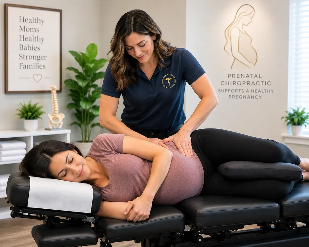 Chiropractor providing gentle prenatal chiropractic care to a pregnant patient on a pregnancy-friendly table at Munroe Chiropractic in Williamsville, NY